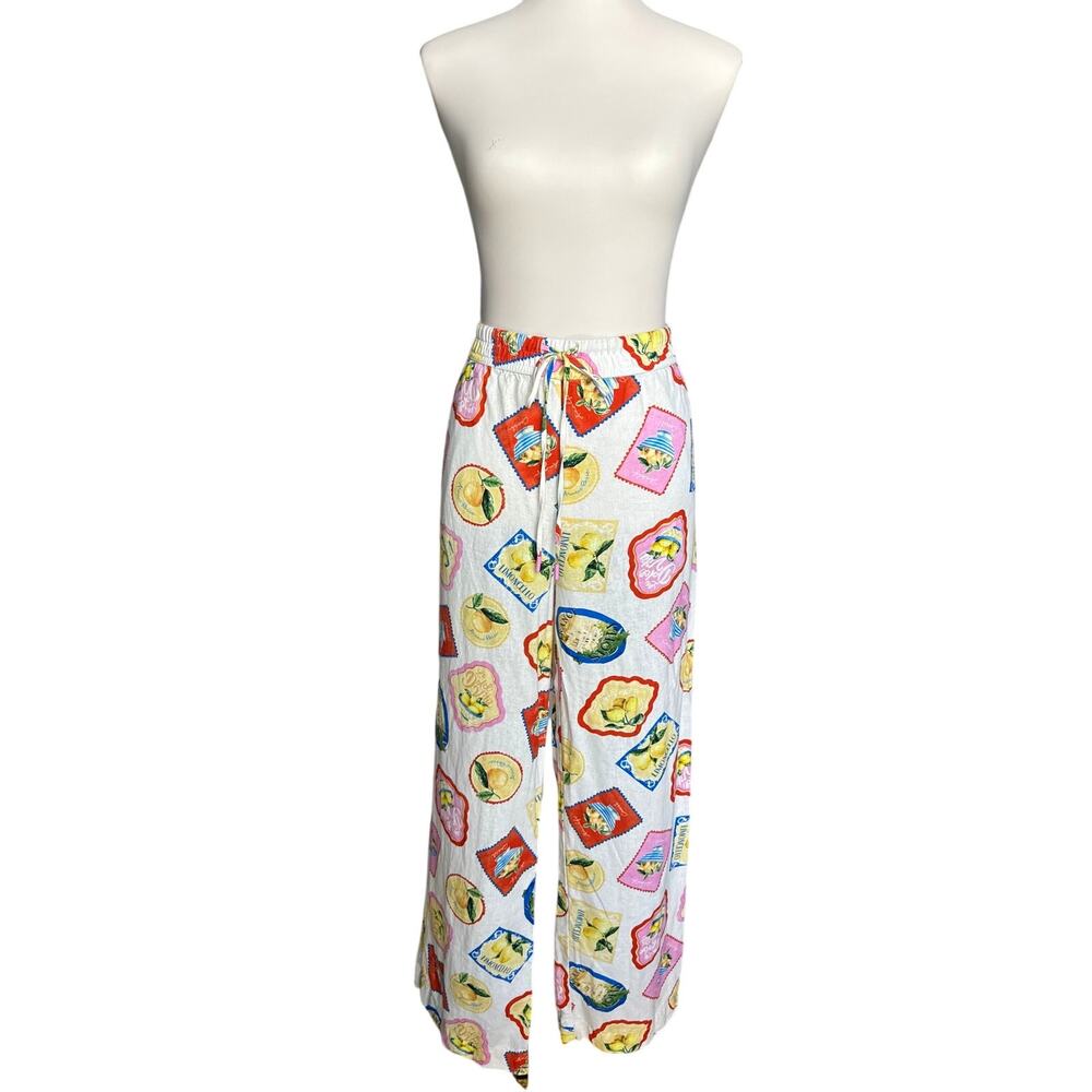 Joie Linen Blend Sicily Lemon Print Wide Leg Drawstring Pants Large Coastal